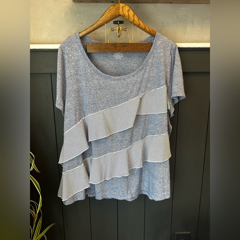 Lane Bryant Heather Blue White Striped Ruffle Short Sleeve Tee size‎ 26 28